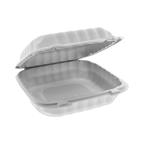 Food Containers & Lids | Pactiv Corp. YCN808010000 8.31 in. x 8.35 in. x 3.1 in. EarthChoice SmartLock Plastic Microwavable MFPP Hinged Lid Container - White (200/Carton) image number 0