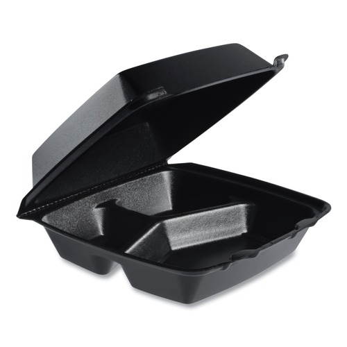 Food Containers & Lids | Dart 85HTB3R 3 Compartments 7.96 in. x 3.2 in. x 8.36 in. Foam Insulated Foam Hinged Lid Containers - Black (200/Carton) image number 0