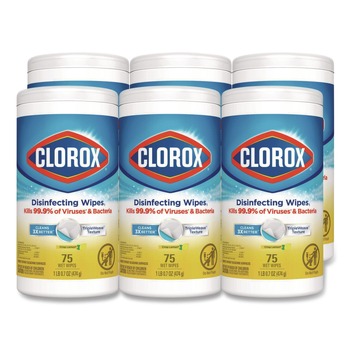 Clorox 01628 7 in. x 7.75 in. 1-Ply Bleach Free Disinfecting Cleaning Wipes - Crisp Lemon White (6/Carton)