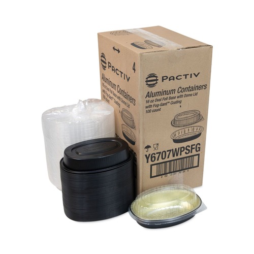 Food Containers & Lids | Pactiv Corp. Y6707WPSFG 6.88 in. x 4.56 in. x 3 in. 16 oz. Classic Carry-Out Aluminum Containers - Black/Gold (100/Carton) image number 0
