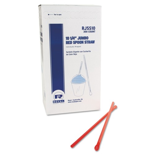 Straws/Stems/Sticks | AmerCareRoyal RJSS10 10.25 in. Plastic Jumbo Spoon Straw - Red (5400/Carton) image number 0