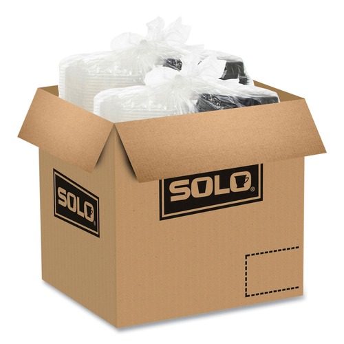 Food Containers & Lids | SOLO 809014-PP94 OctaView 9.55 in. x 9.1 in. x 2.4 in. 38 oz. 3-Compartment Plastic Hinged-Lid Hot Food Containers - Black/Clear (100/Carton) image number 0