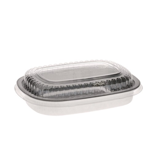 Food Containers & Lids | Pactiv Corp. Y6708PET 8.2 in. x 6.2 in. x 1.3 in. 22 oz. Classic Carry-Out Aluminum Container with PET Dome Lid - Silver/Clear (100/Carton) image number 0