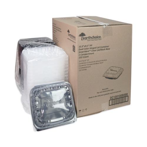 Food Storage Containers & Lids | Pactiv Corp. DC109100B000 EarthChoice 1 Compartment 66 oz. 10.5 in. x 9.5 in. x 3 in. Plastic Vented Dual Color Microwavable Hinged Lid Container - Black/Clear image number 0