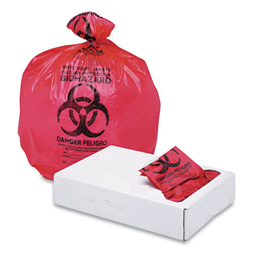 Low-Density Trash Bags | Boardwalk A4832PRK 24 in. x 32 in. 1.3 mil 16 gal. Linear Low Density Health Care Trash Can Liners - Red (250/Carton) image number 0