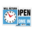 Business & Erasable-Surface Signage | Headline Sign 9382 7.5 in. x 9 in. Plastic Double-Sided Open/Will Return Sign with Clock Hands image number 0