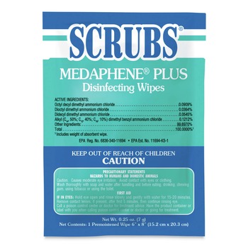 SCRUBS 96301 MEDAPHENE Plus 6 in. x 8 in. Disinfectant Wet Wipes - Citrus, White (100/Carton)