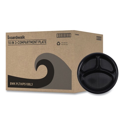 Plates | Boardwalk BWKPLTHIPS10BL3 10 in. Diameter 3-Compartment Hi-Impact Plastic Dinner Plates - Black (500/Carton) image number 0