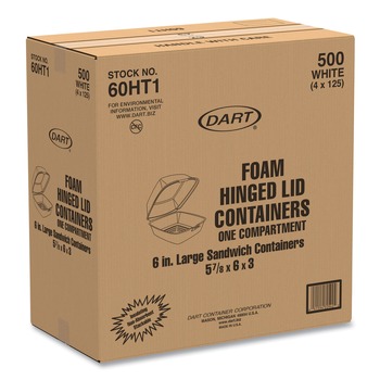 Dart 60HT1 5-7/8 in. x 6 in. x 3 in. Hinged Lid Foam Containers - White (500/Carton)