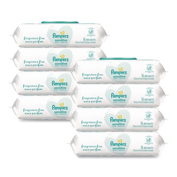 Pampers 80741436 1-Ply 6.8 in. x 7 in. Unscented Sensitive Baby Wipes - White (8/Carton)