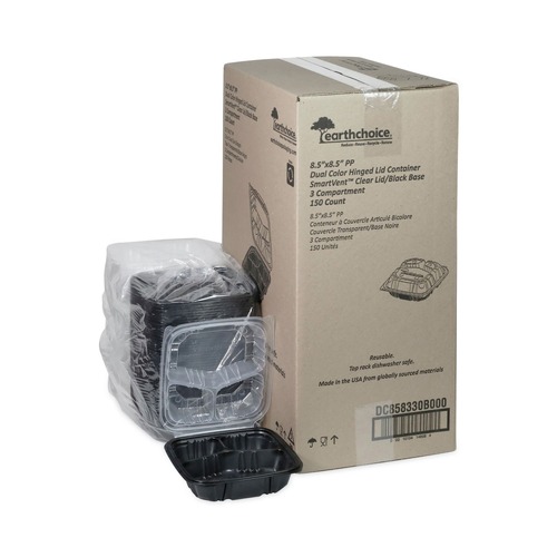Food Storage Containers & Lids | Pactiv Corp. DC858330B000 33 oz. 8-1/2 in. x 8-1/5 in. x 3 in. 3-Compartment EarthChoice Vented Dual Color Microwavable Hinged Lid Container - Black/Clear (150/Carton) image number 0