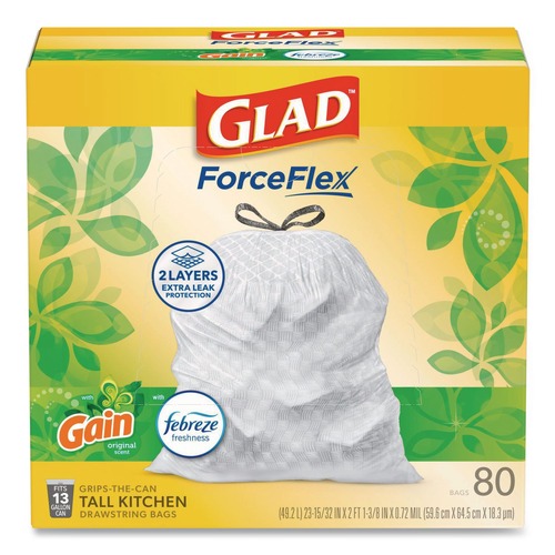 Drawstring & Kitchen Bags | Glad 78900 OdorShield 24 in. x 27.38 in. 13 Gallon Tall Kitchen Drawstring Bags - White/Gain Original Scent (80/Box) image number 0