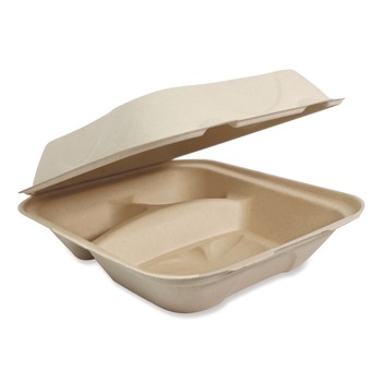 World Centric TO-SC-U8T-LFP 3-Compartment 8.8 in. x 8.2 in. x 2.9 in. Paper Fiber Hinged Containers - Natural (300/Carton)