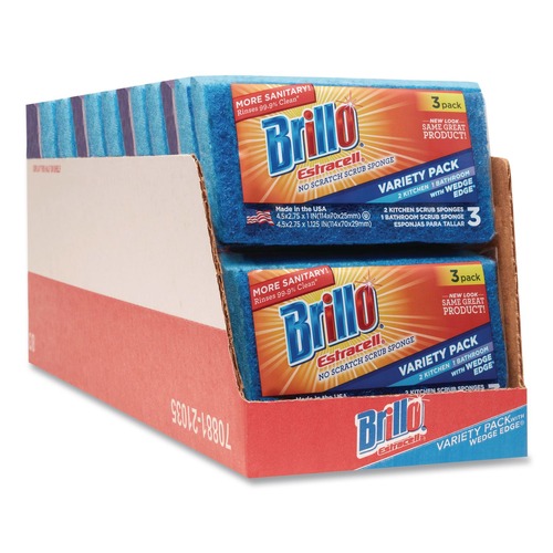 Scouring Pads & Sticks | Brillo 21035 Estracell 4.5 in. x 2.75 in. Scrub Sponge Variety Pack - Blue/Purple/White (8/Carton) image number 0