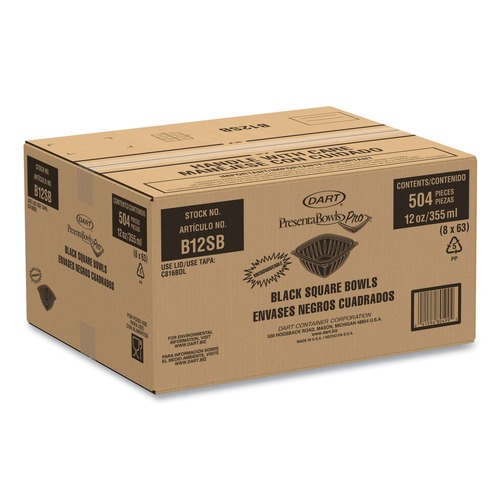 Food Containers & Lids | Dart B12SB 12 oz. 5 in. x 5 in. x 2 in. Plastic PresentaBowls Pro Black Square Bowls - Black (504/Carton) image number 0