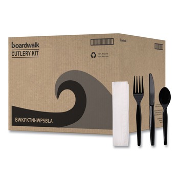 Boardwalk BWKFKTNHWPSBLA 4-Piece Heavyweight Fork/Knife/Napkin/Teaspoon Cutlery Kit - Black (250/Carton)