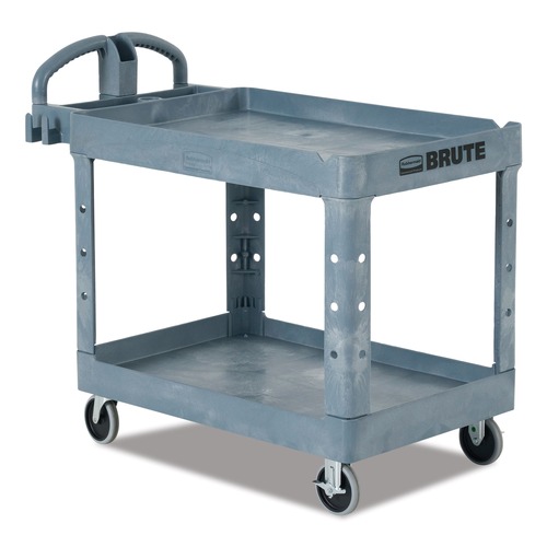 Carts | Rubbermaid Commercial 2192463 BRUTE Heavy-Duty Ergo Handle Utility Cart Plastic 2 Shelves 750 lb Capacity 26-in x 55-in x 33.25-in Gray image number 0