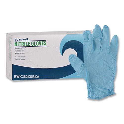 Janitorial Disposable & Single Use Gloves | Boardwalk 382XSBXA 9.5 in. Long 5 mil. Thick Powder-Free Disposable Examination Nitrile Gloves - X-Small Blue (100/Box) image number 0