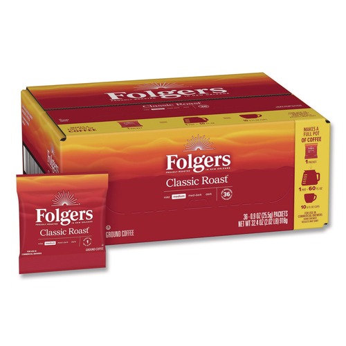 Coffee - Caffeinated | Folgers 2550006125 0.9 oz. Classic Roast Coffee Fractional Packs (36/Carton) image number 0