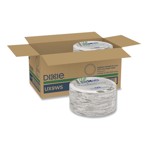Plates | Dixie UX9WS Pathways Soak-Proof Shield WiseSize 8.5 in. Paper Plates - Green/Burgundy (125/Pack) image number 0