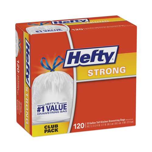Drawstring & Kitchen Bags | Hefty E84574 23.75 in. x 27 in. 13 Gallon Strong Tall Kitchen Drawstring Bags - White (90/Box) image number 0