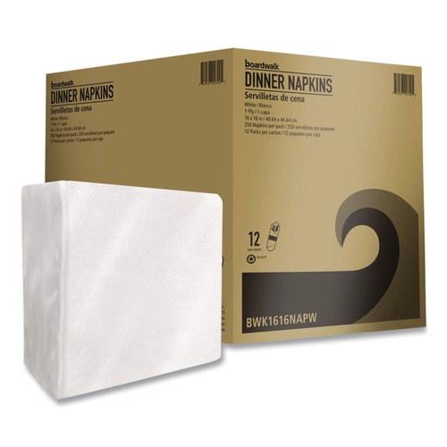 Dinner Napkins | Boardwalk BWK1616NAPW 1-Ply 16 in. x 16 in. Dinner Napkins - White (250/Pack, 12 Packs/Carton) image number 0