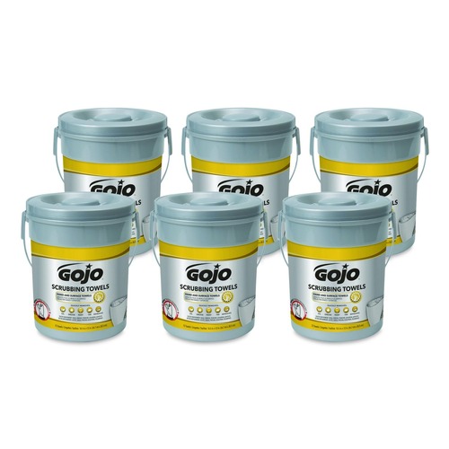 Perforated Roll & Hand Towels | GOJO Industries 6396-06 10.5 in. x 12 in. 2-Ply Hand Cleaning Scrubbing Towels - Silver/Yellow (6/Carton) image number 0