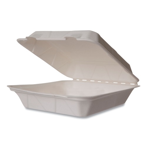 Food Containers & Lids | Vegware WHBRG-9 HW 9 in. x 9 in. x 3 in. Molded Fiber Compostable Sugarcane Clamshell Containers - White (200/Carton) image number 0