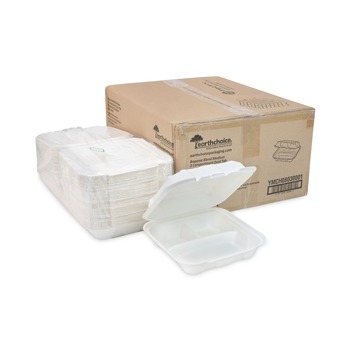 Pactiv Corp. YMCH08030001 EarthChoice 7.8 in. x 7.8 in. x 2.8 in. Bagasse Hinged Lid 3-Compartment Container with Dual Tab Lock - Natural (150/Carton)