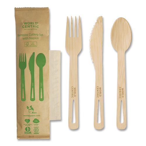 Cutlery Kits | World Centric AS-BB-TN 6.7 in. Knife/Fork/Spoon/Napkin Bamboo Cutlery - Natural (250/Carton) image number 0
