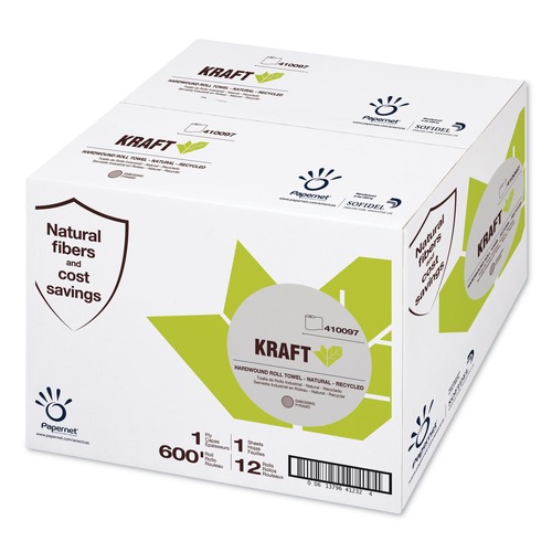 Perforated Roll & Hand Towels | Papernet 410097 7.8 in. x 600 ft. 1-Ply Kraft Tech Hardwound Roll Towel - Brown (12/Carton) image number 0