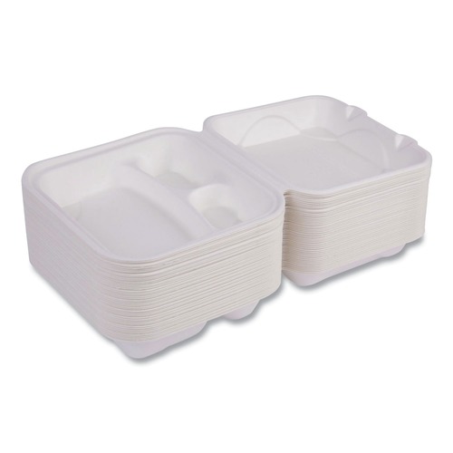 Perforated Roll & Hand Towels | Eco-Products EP-HC83NFA Vanguard 8 in. x 8 in. x 3 in. 3-Compartments Renewable and Compostable Sugarcane Clamshells - White (200/Carton) image number 0