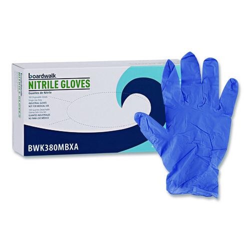 Food Service Disposable & Single Use Gloves | Boardwalk 380MBXA 380 Series 4 mil Thick 9.5 in. Long Powder-Free Disposable General-Purpose Nitrile Gloves - Medium, Blue (100/Box) image number 0