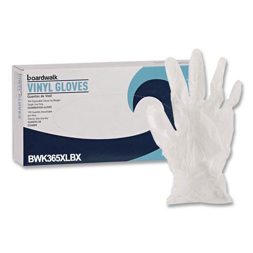 Food Service Disposable & Single Use Gloves | Boardwalk BWK365XLBX 2.6 mil Thick 9.5 in. Long Power-Free General Purpose Vinyl Gloves - Extra Large, Clear (100/Box) image number 0