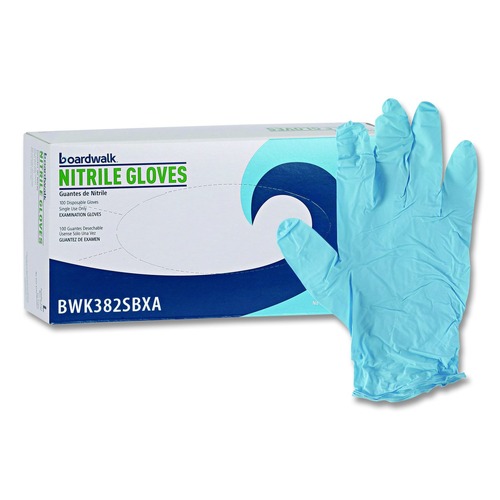 Janitorial Disposable & Single Use Gloves | Boardwalk 382SBXA 5 mil. Disposable Examination Nitrile Gloves - Small, Blue (100/Box) image number 0