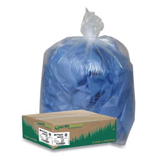 Low-Density Trash Bags | Earthsense Commercial 1507084 28.5 in. x 43 in. 23 gal. 1 mil Linear Low Density Clear Recycled Can Liners - Clear (150/Carton) image number 0