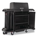 Janitorial & Housekeeping Carts | Rubbermaid Commercial 2202587 24.4 in. x 62.4 in. x 56.9 in. 4-Shelf Housekeeping Cart with Hood and Doors - Black image number 1