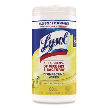LYSOL Brand 19200-77182 7 in. x 7.25 in. 1-Ply Disinfecting Wipes - Lemon and Lime Blossom, White (80 Wipes/Canister)