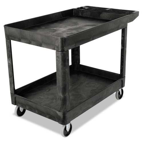 Carts | Rubbermaid Commercial FG452089BLA 25.78 in. x 45.25 in. x 33.25 in. 500 lbs. Capacity 2 Shelves Plastic Heavy-Duty Utility Cart with Lipped Shelves - Black image number 0