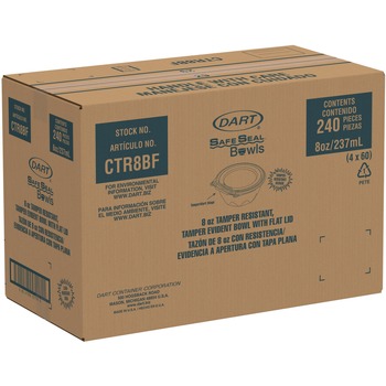 Dart CTR8BF SafeSeal 5.5 in. Diameter x 1.7 in. Height 8 oz. Plastic Tamper-Evident Bowls with Flat Lid - Clear (240/Carton)