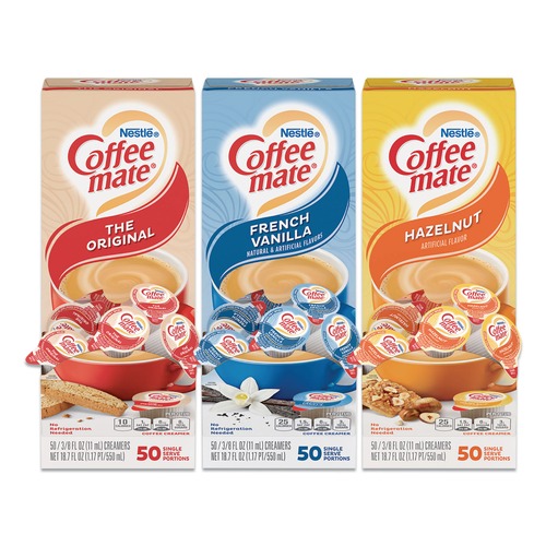 Creamers | Coffee-Mate 12408209 0.38 oz. Mini Cups Liquid Coffee Creamer - French Vanilla/Hazelnut/Original (150/Carton) image number 0