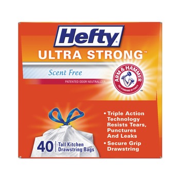 Hefty E8-8338 Ultra Strong 23.75 in. x 24.88 in. 13 gallon Drawstring Extra Heavy-Duty Tall Kitchen Trash Bags - White (240/Carton)