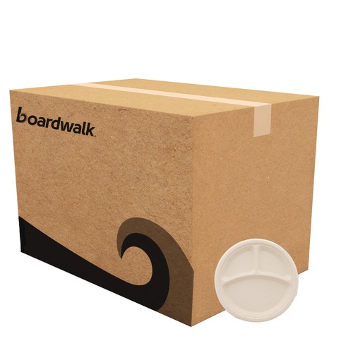 Plates | Boardwalk BWKPLT3C10NPFA 10 in. 3-Compartment Bagasse PFAS-Free Dinnerware Plate - Tan (500/Carton) image number 0