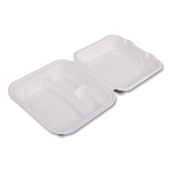 Eco-Products EP-HC83NFA 8 x 8 x 3 Vanguard 3-Compartment Renewable and Compostable Sugarcane Clamshells - White (200/Carton)