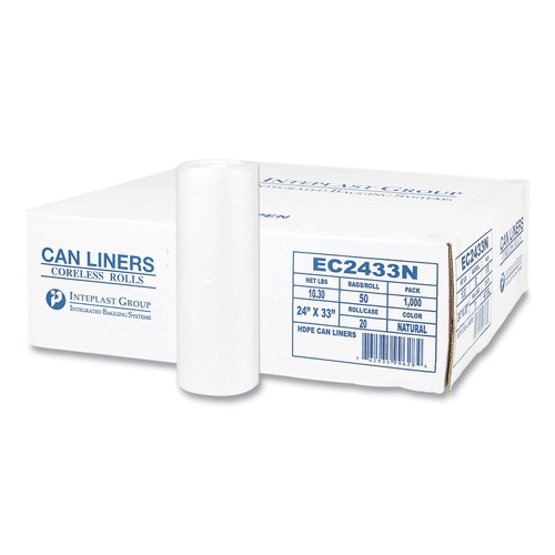 High-Density Trash Bags | Inteplast Group EC2433N High-Density 16 gal. 5 microns Commercial Can Liner - Natural (50 Bags/Roll, 20 Rolls/Carton) image number 0