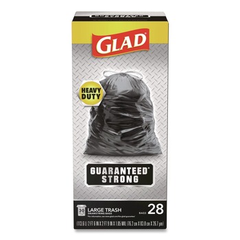 Glad 78966 30 in. x 33 in. 1.05 mil 30 Gallon Three-Ply Drawstring Trash Bags - Black/Large (28/Box)