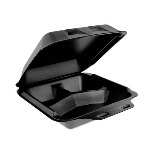 Food Containers & Lids | Pactiv Corp. YHLB08030000 SmartLock 8 in. x 8.5 in. x 3 in. Foam Hinged Lid 3-Compartment Container - Black (150/Carton) image number 0