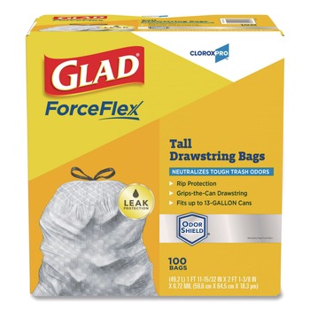 Glad 70427 ForceFlex 13 Gallon 0.72 mil 23.75 in. x 24.88 in. Tall Kitchen Drawstring Trash Bags - Gray (100/Carton)