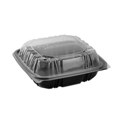 Food Storage Containers & Lids | Pactiv Corp. DC858310B000 21 oz 3-Compartment EarthChoice Vented Dual Color Microwavable Hinged Lid Container - Black/Clear (150/Carton) image number 0
