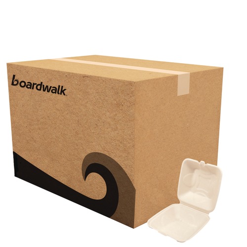 Food Containers & Lids | Boardwalk BWKHINGE66NPFA 6 in. x 6 in. x 3.19 in. Sugarcane Bagasse PFAS-Free Food Containers - Tan (500/Carton) image number 0
